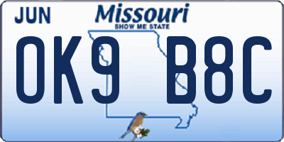 MO license plate OK9B8C