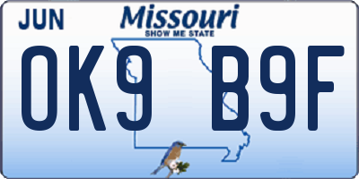 MO license plate OK9B9F