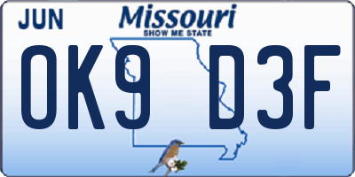 MO license plate OK9D3F