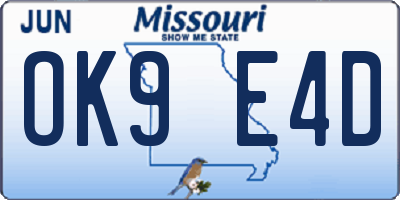MO license plate OK9E4D