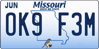 MO license plate OK9F3M