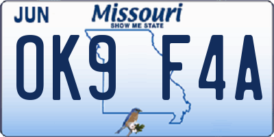 MO license plate OK9F4A
