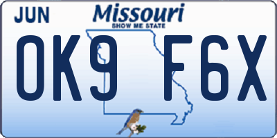 MO license plate OK9F6X