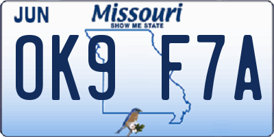 MO license plate OK9F7A