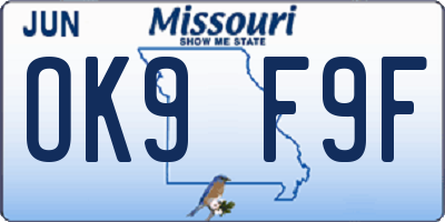 MO license plate OK9F9F