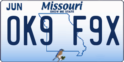 MO license plate OK9F9X