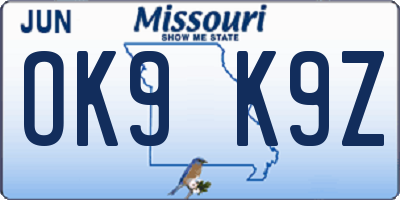 MO license plate OK9K9Z