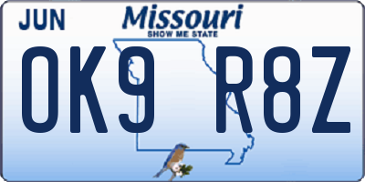 MO license plate OK9R8Z
