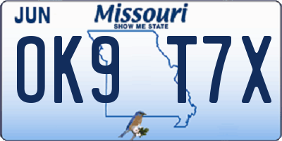 MO license plate OK9T7X