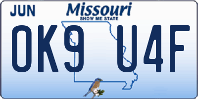 MO license plate OK9U4F