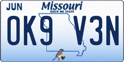 MO license plate OK9V3N