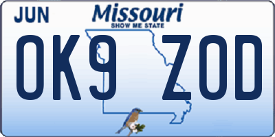 MO license plate OK9Z0D