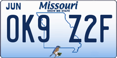 MO license plate OK9Z2F