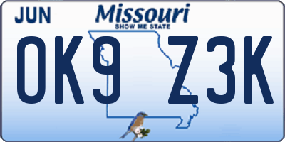 MO license plate OK9Z3K