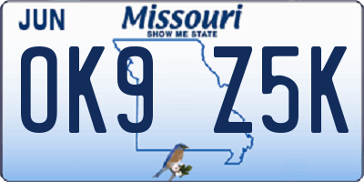 MO license plate OK9Z5K