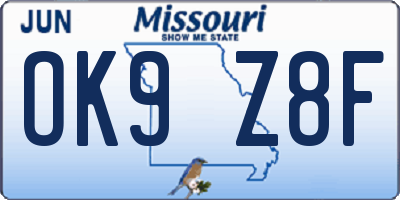 MO license plate OK9Z8F