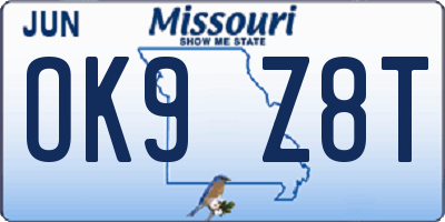 MO license plate OK9Z8T