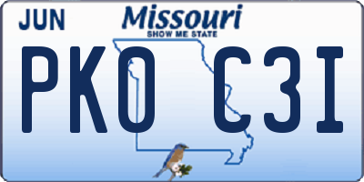 MO license plate PK0C3I