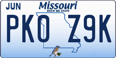 MO license plate PK0Z9K