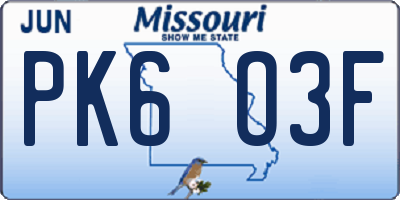 MO license plate PK6O3F