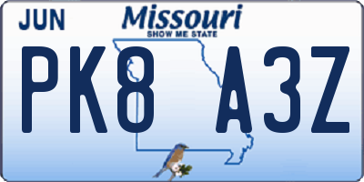 MO license plate PK8A3Z