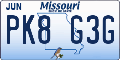 MO license plate PK8G3G