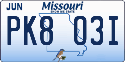 MO license plate PK8O3I