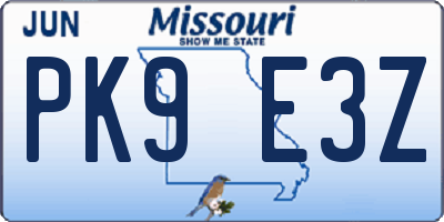 MO license plate PK9E3Z