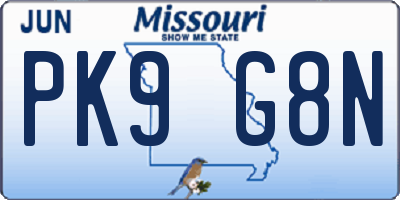 MO license plate PK9G8N