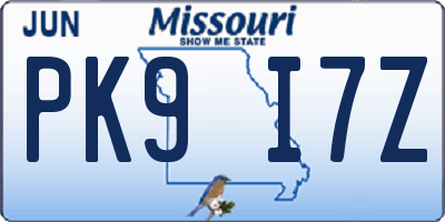 MO license plate PK9I7Z