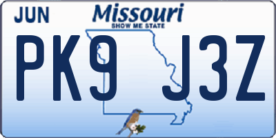 MO license plate PK9J3Z