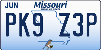 MO license plate PK9Z3P