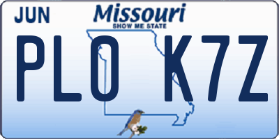 MO license plate PL0K7Z