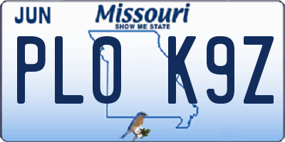 MO license plate PL0K9Z