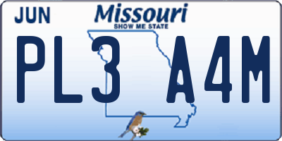 MO license plate PL3A4M
