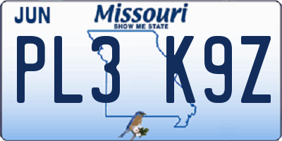 MO license plate PL3K9Z