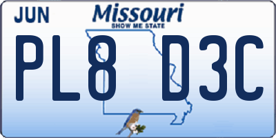 MO license plate PL8D3C