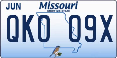 MO license plate QK0O9X