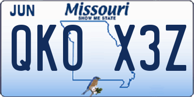 MO license plate QK0X3Z