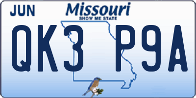MO license plate QK3P9A