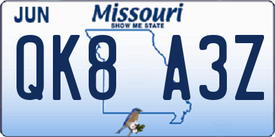 MO license plate QK8A3Z