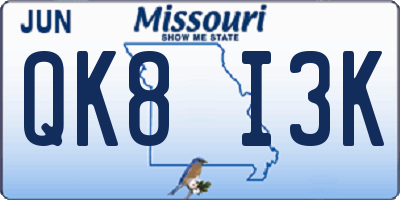 MO license plate QK8I3K