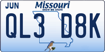 MO license plate QL3D8K