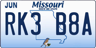MO license plate RK3B8A