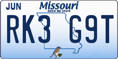 MO license plate RK3G9T