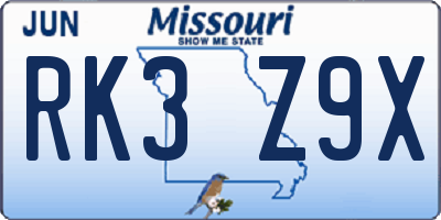 MO license plate RK3Z9X