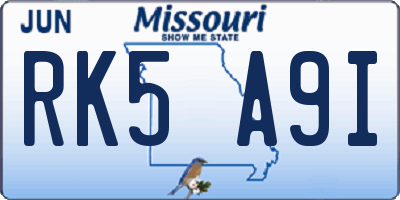 MO license plate RK5A9I