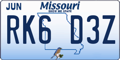MO license plate RK6D3Z