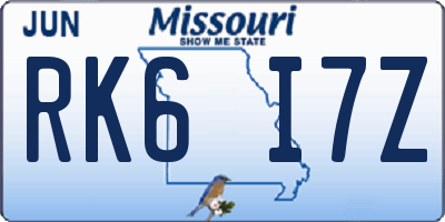 MO license plate RK6I7Z