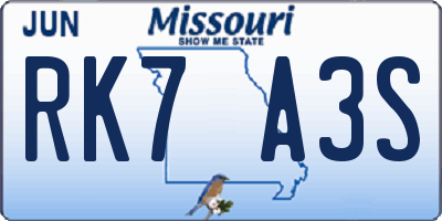 MO license plate RK7A3S